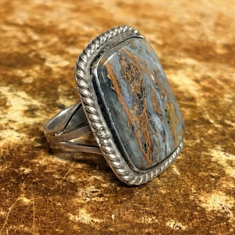 Sterling Silver and Pietersite Ring Size 8 w/ Roped Edges Vintage